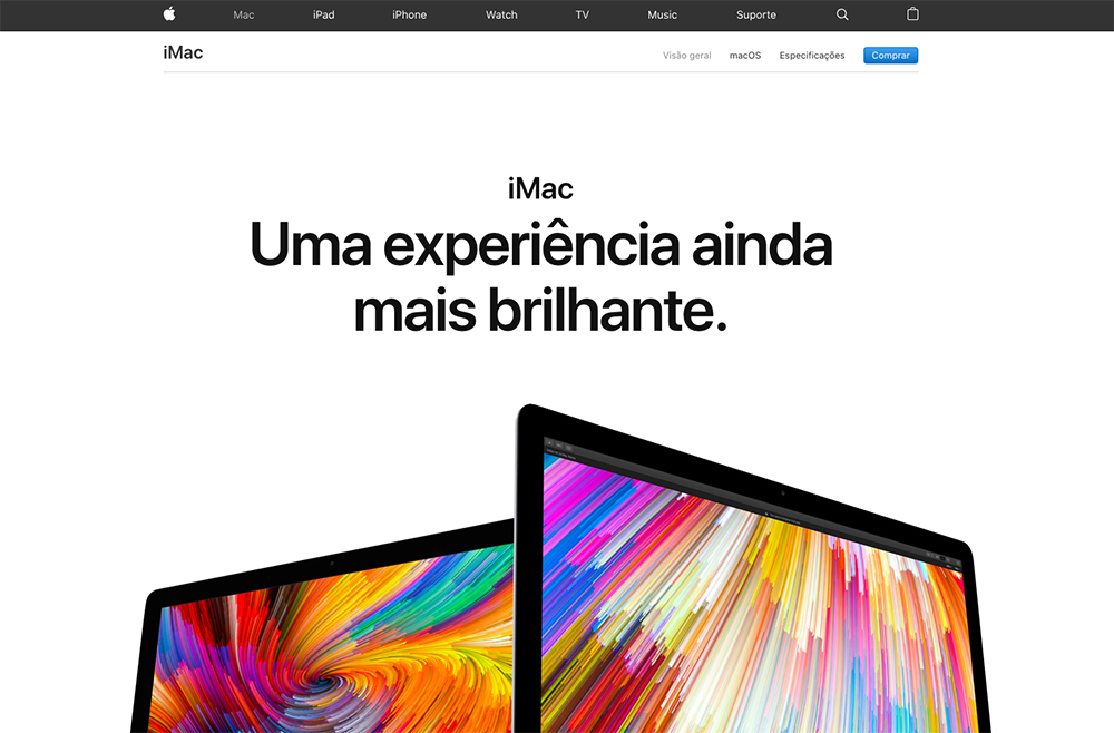 site da apple que mostra dois imacs um ao lado do outro com o cta: Uma experiência ainda mais brilhante