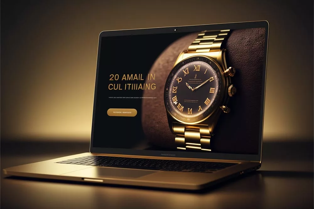 Notebook em cima de uma mesa onde mostra a homepage de uma loja de relógios. Um relógio de pulso dourado está em destaque.