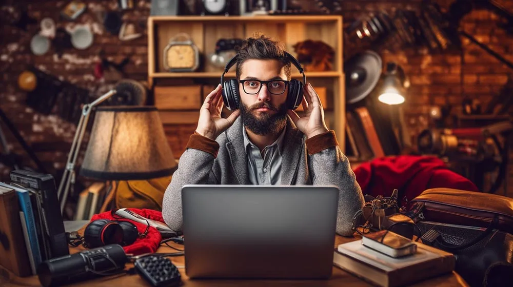 profissional criativo em sua mesa com computador a frente e com fones de ouvido.