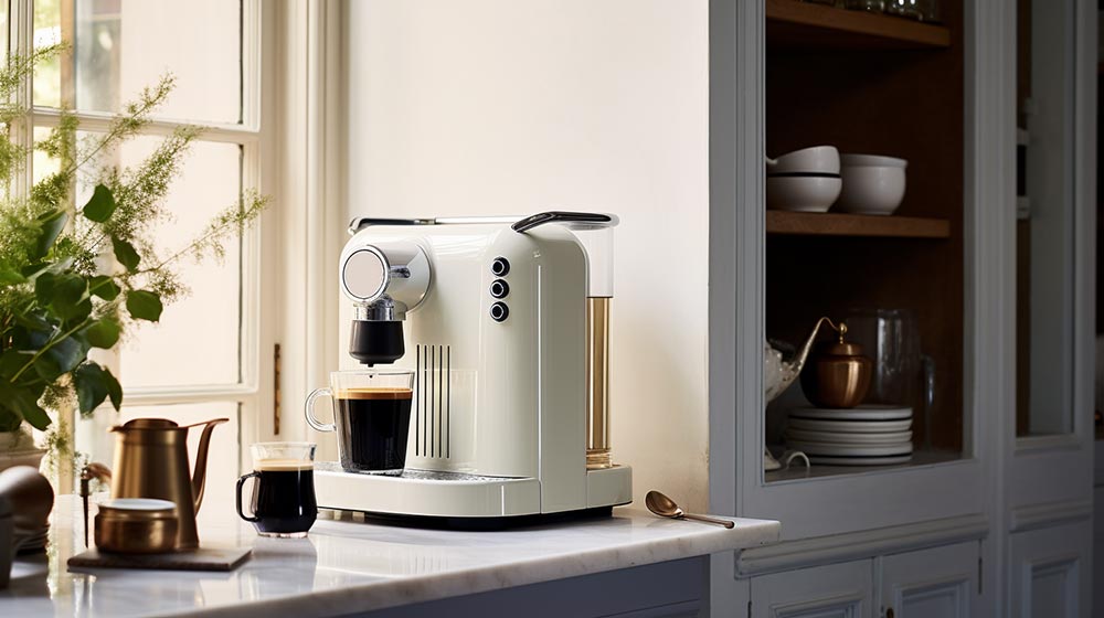 Cafeteira moderna e bonita em uma bancada na cozinha